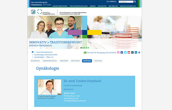 Website 'St. Joseph-Stift Bremen – Gynäkologie und Geburtshilfe – Dr. Thorsten Frambach'